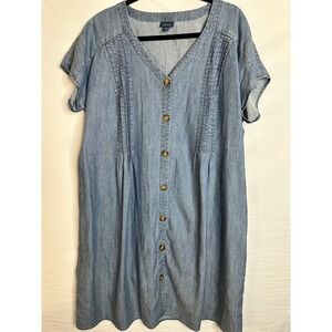 J.Jill Denim Blue Tencel Linen Pleated Button Front Dress Large Short Sleeve